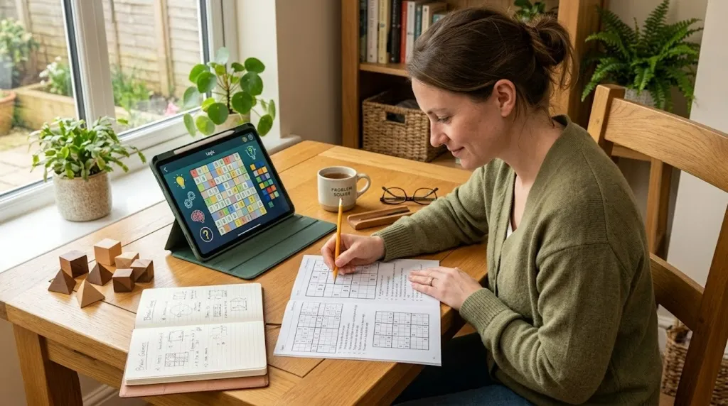 A grid-based logic puzzle being solved